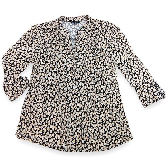 Ava & Grace Tops - AVA & GRACE-Women's Pleated 3/4 Sleeve-SMALL-Floral-Black with White-Tan Flowers